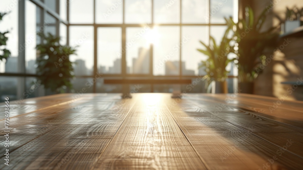 Poster a wooden table placed in front of a large window. suitable for home decor or interior design concept