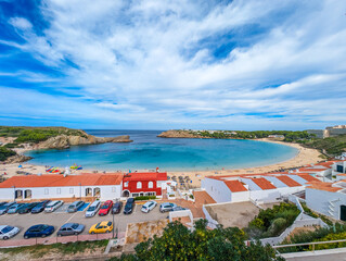 Areal drone view of the Arenal d'en Castell beach on Menorca island, Spain - 772498608