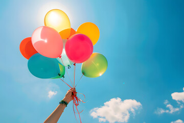 a person's hands holding colorful balloons against a bright blue sky