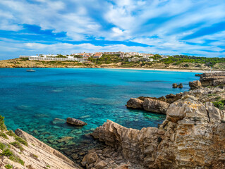 Areal drone view of Arenal de Son Saura beach at Menorca island, Spain