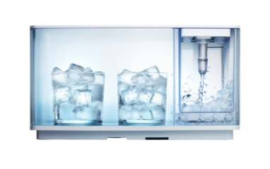 Two glasses of ice sit in front of a water dispenser