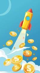 Skyrocketing prices concept illustration. Spaceship and dollar coins representing higher prices.