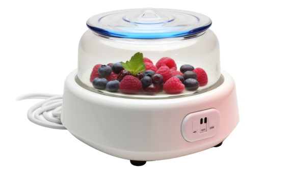 White and blue device infusing fruit to create a celestial concoction