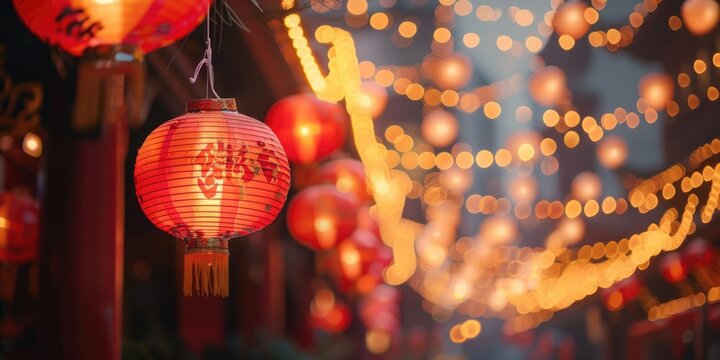 A group of red lanterns hanging from the ceiling. Perfect for adding a festive touch to any event