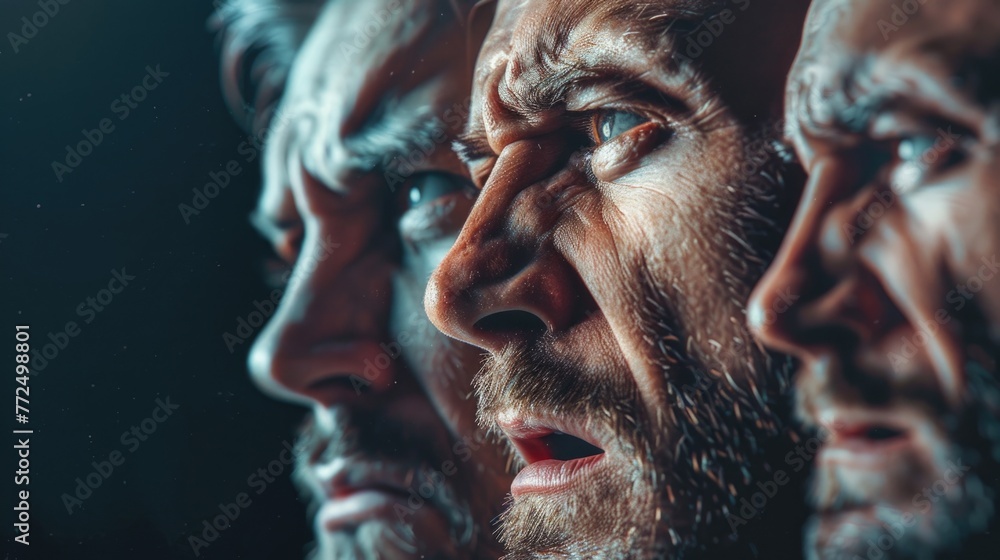 Poster Close up of three men showing various facial expressions. Suitable for use in communication or emotional concepts