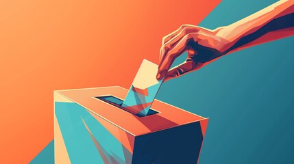 Democracy, voter and elections concept illustration, in tones of teal and orange. Closeup of a hand casting a vote into the ballot box.