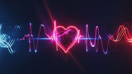 Heart rate. Neon heart with rhythm.