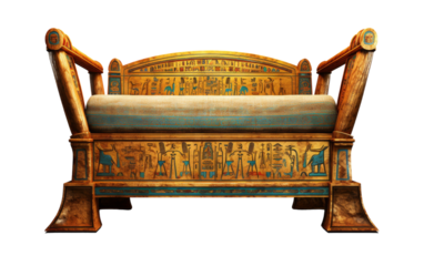 A wooden bed featuring intricate Egyptian paintings of pharaohs, pyramids, and hieroglyphics