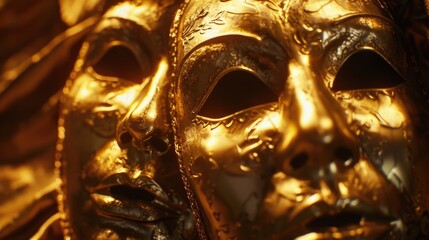 Close up of a gold mask on a table. Ideal for luxury and mystery concepts
