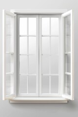 A simple image of an open window with white shutters on a gray wall. Suitable for various design projects
