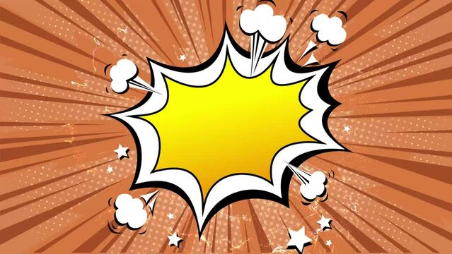 orange brown background in pop art and  funny cartoon comic style. Variety of text boxes explosion burst.  Energetic sign rotating with blades. Halfton effect with custom text space. Easy to use. 4K 