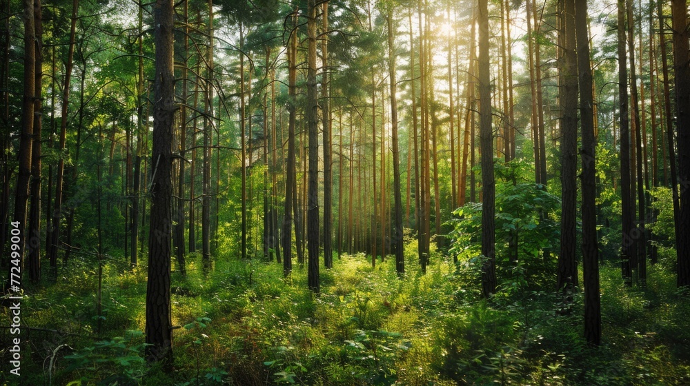 Poster sunlight filtering through dense forest, ideal for nature-themed designs