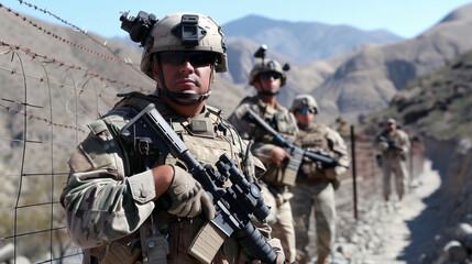 Patrol Vigilance. Soldiers in combat gear patrol a rugged terrain, their faces obscured for privacy.