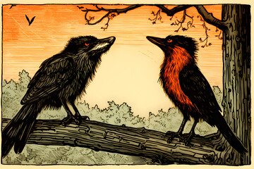 The Cunning Fox and the Suspicious Crow: A Classic Tale from Aesop's Fables Illustrated - obrazy, fototapety, plakaty
