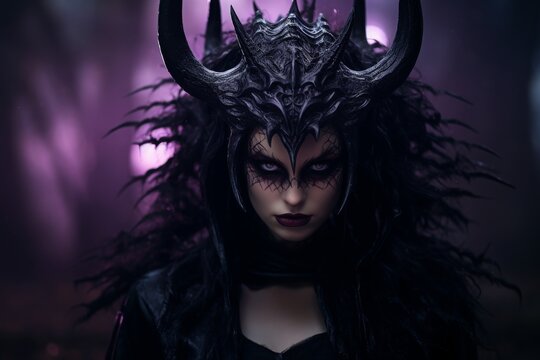 girl devil in the hood with horns, long white hair, and large black wings, with bleeding purple eyes, armor dressed, and angry expressions on her face, character fantasy, the devil women