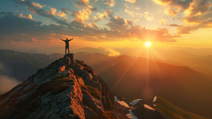 A man stands on a mountaintop at sunrise, arms outstretched, embracing the new day, a symbol of peace and hope set against a breathtaking landscape