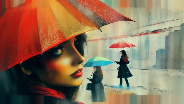 Fashionable woman with red umbrella walking in rain on city street