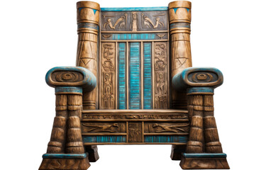 Wooden chair adorned with intricate Egyptian hieroglyphic designs