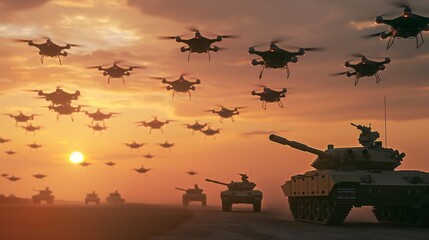 Military drones and modern warfare concept. Silhouettes of drones and tanks going into battle illustration 