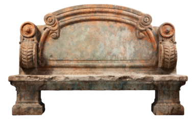 Stone bench adorned with intricate carvings in a tranquil setting