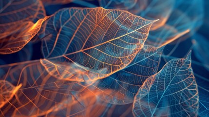 Detailed close-up of leaves with a glowing, fiery outline, contrasting against a dark, moody blue background. - obrazy, fototapety, plakaty