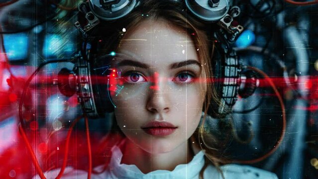 Beautiful technology female cyborg in strange medical science brain experiment setting made with AI	