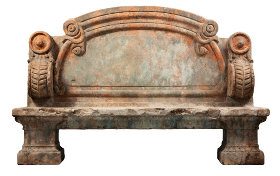 Stone bench adorned with intricate carvings in a tranquil setting