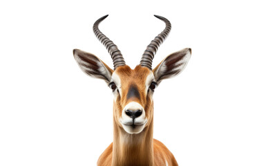 A stunning antelope with long, majestic horns standing elegantly against a plain white background