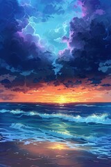 Fototapeta na wymiar Sunset Over the Ocean Painting