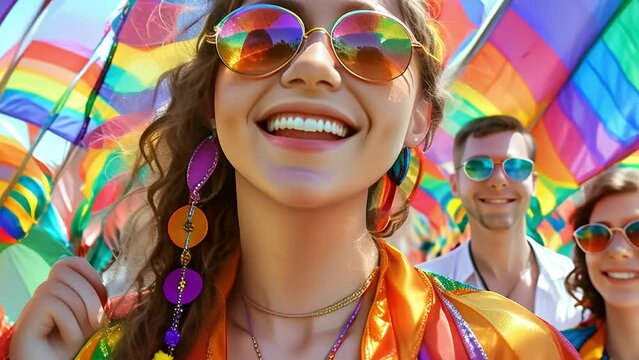 Beautiful young woman with rainbow face paint and sunglasses at pride parade celebration