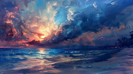 Obraz na płótnie Canvas Sunset Over the Ocean Painting