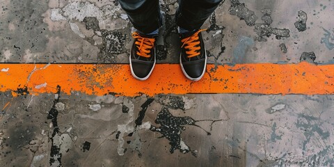 Person standing on the orange line, crossing a boundary  - obrazy, fototapety, plakaty
