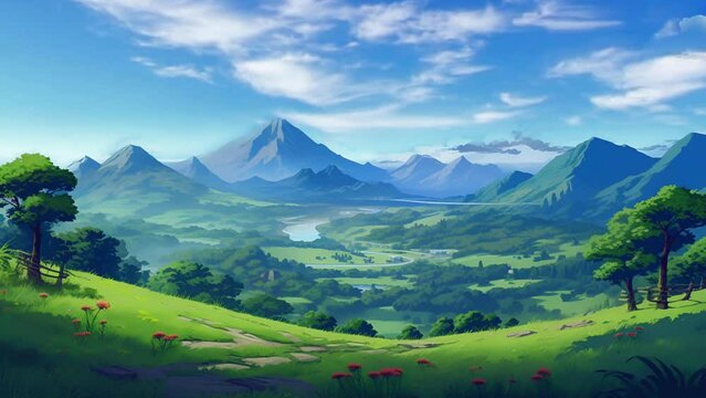 Beautiful views of mountains and blue skies, anime style; is perfect for background projects; 4k virtual video animation.