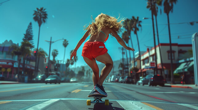 Scater girl on the street with long hair and kodak analoge style