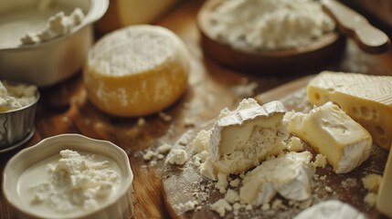 close-up shot of a variety of dairy products creamy textures of milk, butter, and cheese and cottage cheese - obrazy, fototapety, plakaty