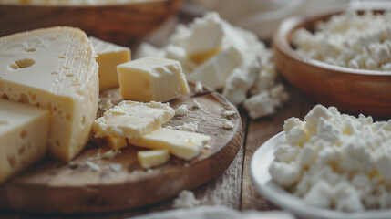 close-up shot of a variety of dairy products creamy textures of milk, butter, and cheese and cottage cheese