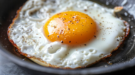 close shot of a cooking a sunny side egg baked egg on the pan with oil bubles around