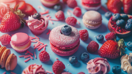 raspberry and blueberry macaron on pale blue background