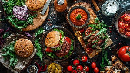 Crafted hamburger and sauses side dishes on a garden bbq party