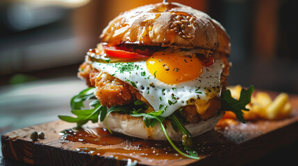 Seitan burger with baked egg vegetarian burger with plant based meat