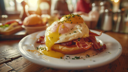 warm baked egg bacon sandwich with cheese saus at a brunch bistro