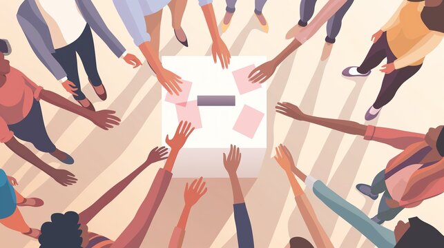 People standing in circle, casting their votes into the ballot box. Referendum or election concept illustration. 