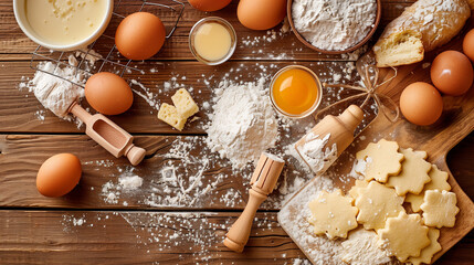 ingredients for baking like fluor eggs sugar - obrazy, fototapety, plakaty