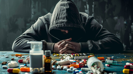 photo of a man with hood pirulas pills arround represent medicine and drug addiction