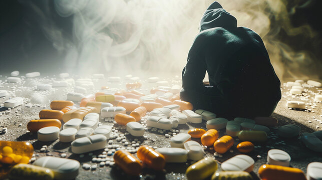 Drog addiction with a little man between giant drug pills capsulas  and medicines