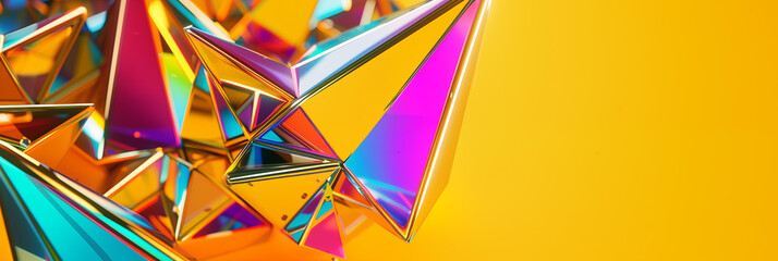 Collection of glossy, iridescent triangular prisms is arranged against a vivid yellow backdrop, reflecting a spectrum of colors with a predominant golden hue that creates a warm, illuminated effect. - obrazy, fototapety, plakaty