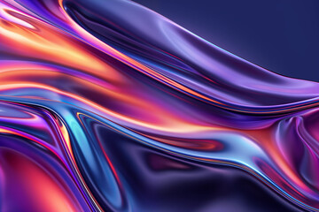 A vibrant, iridescent material twists and flows in an abstract form, with a play of colors ranging from blues and pinks to purples dominating the scene. The fluid appearance surface