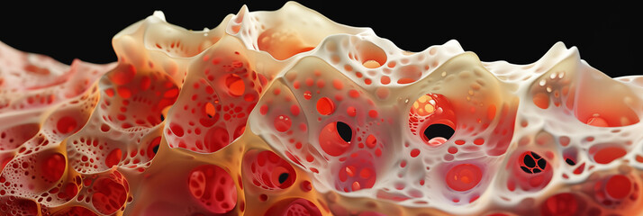 An intricate coral structure is depicted with a deep red and white color palette, showcasing the complex and porous surface that simulates a natural form. Organic undersea life.
