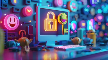 golden key and colorful digital lock displayed on a computer screen, surrounded by icons of happy emojis, symbolizing the joy and ease of maintaining secure online accounts with strong passwords.