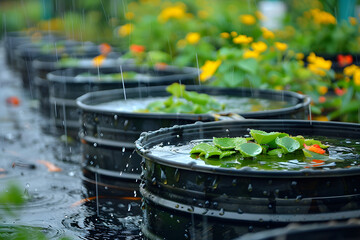 Rainwater harvesting system providing sustainable solution to water crisis, reusing rainwater for conservation and environmental management. - obrazy, fototapety, plakaty